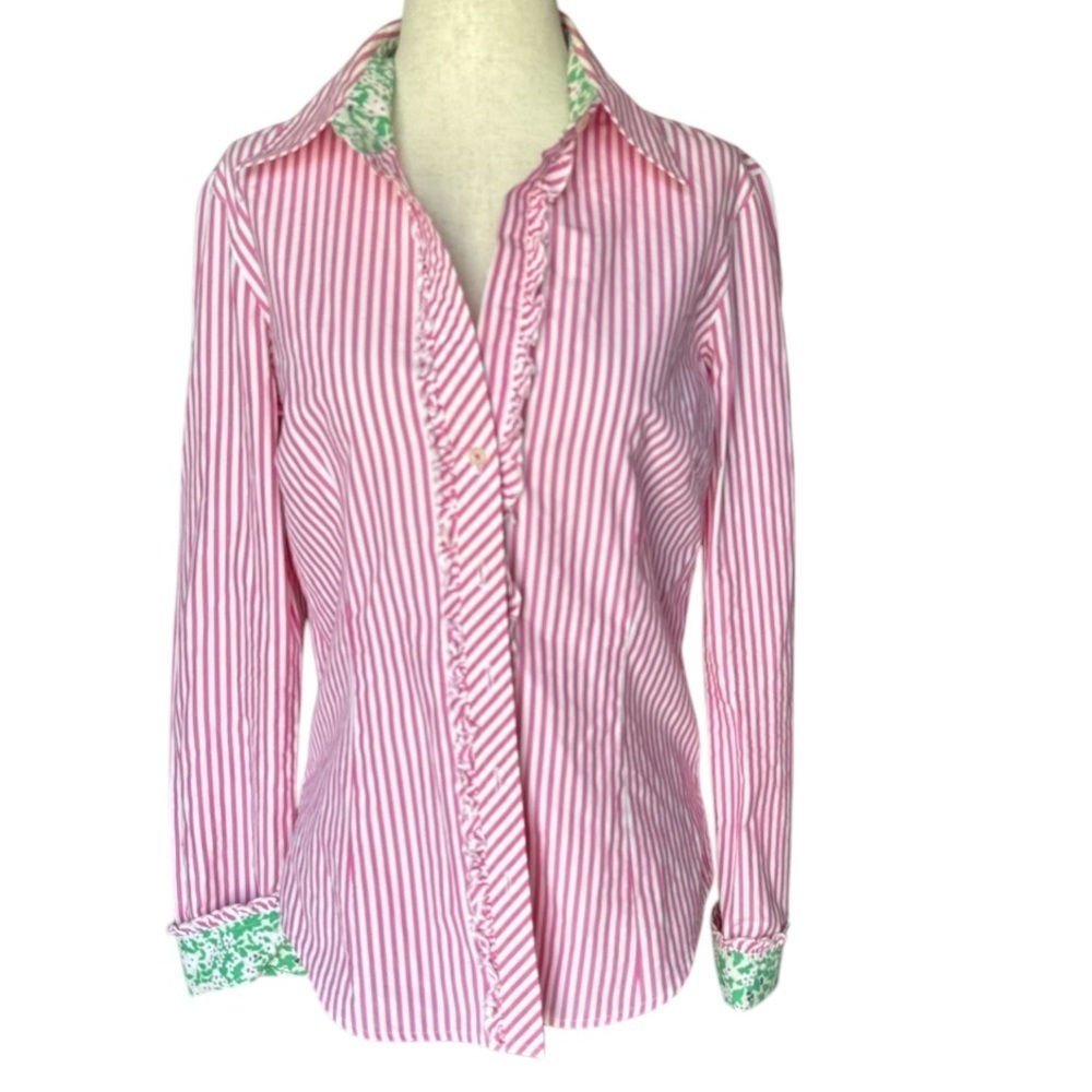 Lilly Pulitzer Pink and White Striped Ruffle Button Down